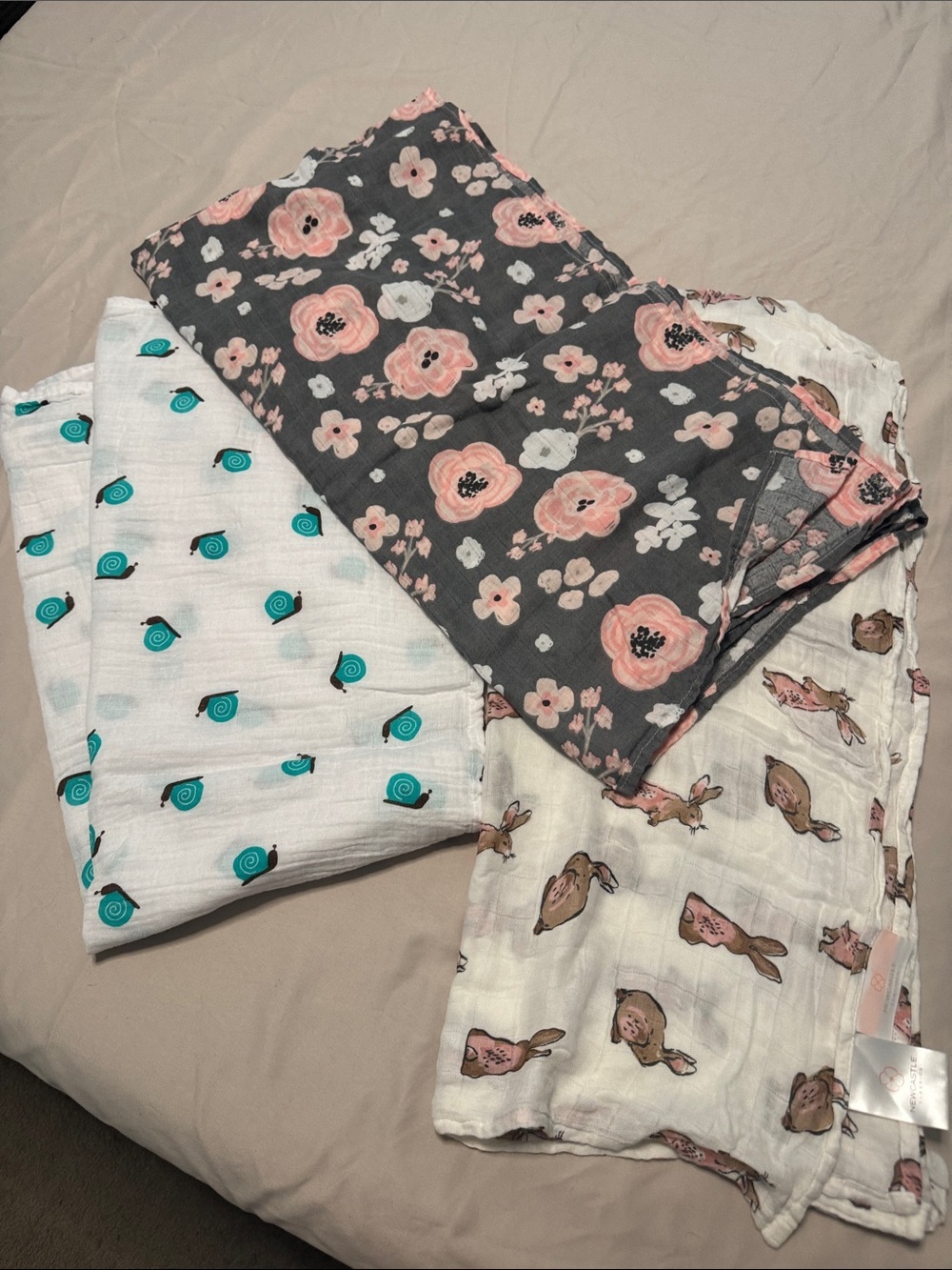 Set of 3 Floral & Animal Muslin Swaddles - Pink, Gray, Teal